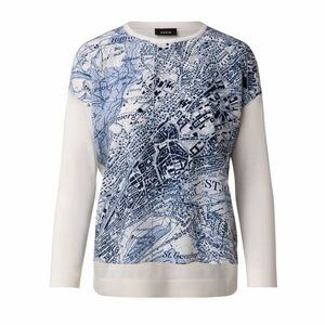 Akris St. Gallen Map Print Silk Sweater Top Blue White Ivory Geography 12